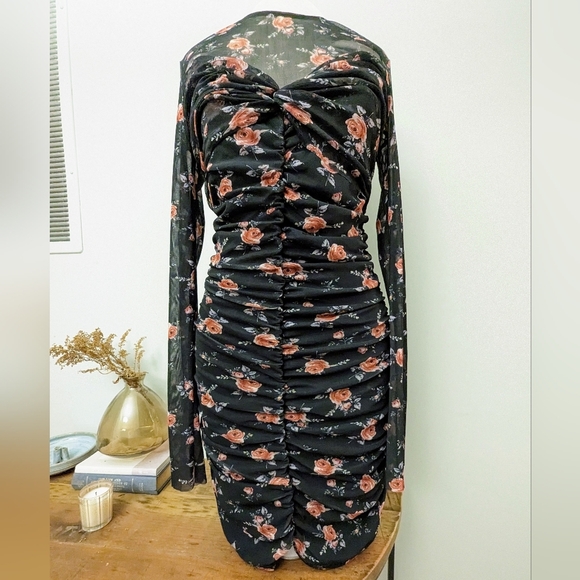 Zara Ruched Tulle Rose Pattern Dress with Mesh Long Sleeves - Picture 8 of 14